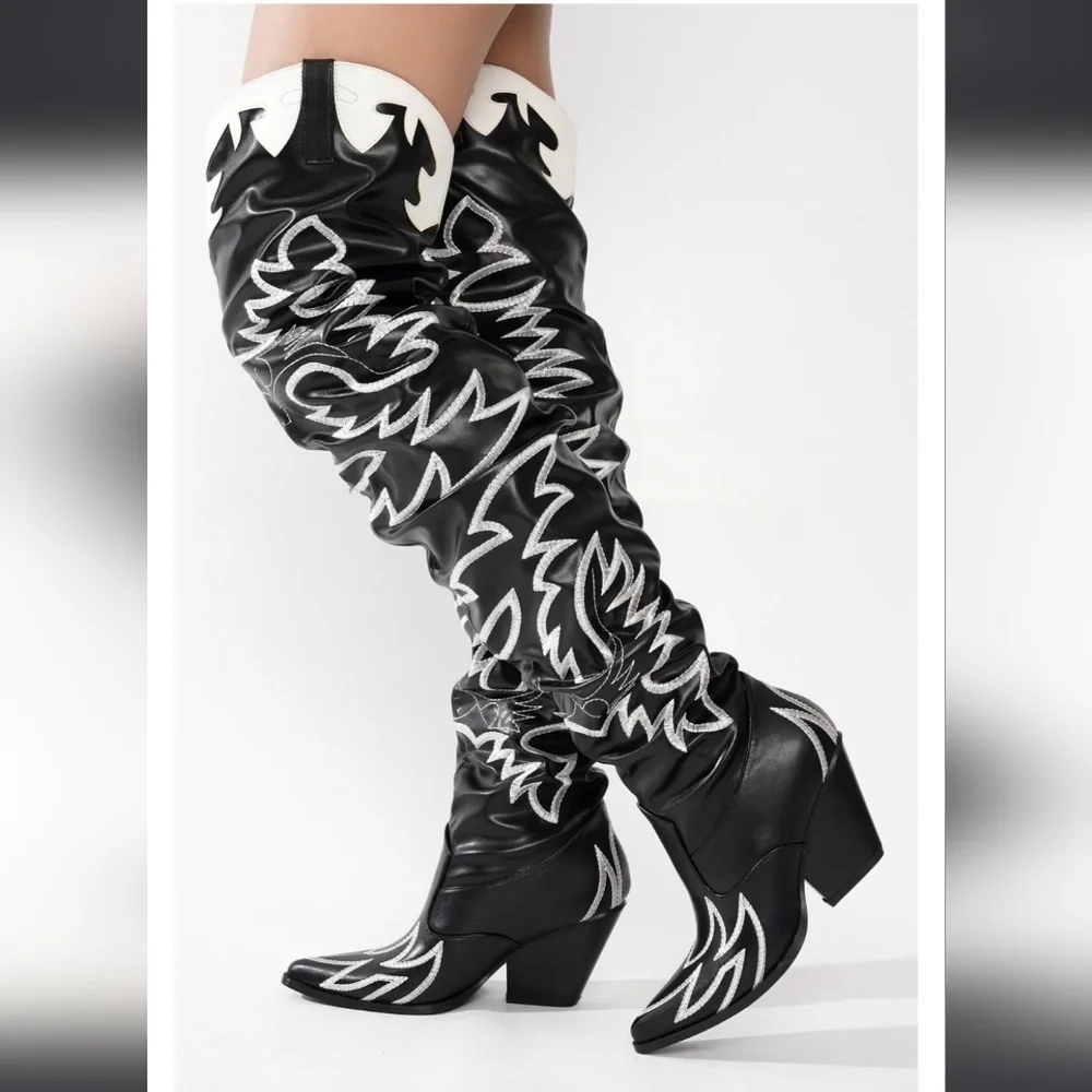 Cape Robbin Kelsey Thigh High Over The Knee Cowboy Boots Blk & White New Size 6